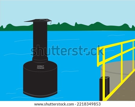 Donut fender installed on jetty for berthing of ship. Floating fender illustration.