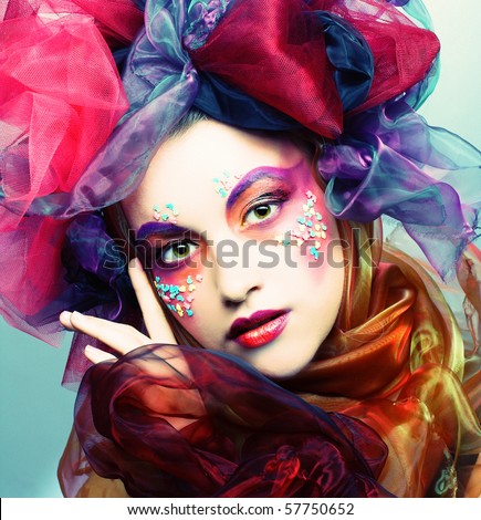 Portrait Of Young Woman With Creative Make-Up In Doll Style Stock Photo ...