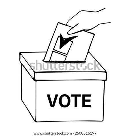 Hand putting vote paper ballot into voting box. Election Vote concept. Monochrome voting ballot box icon. Logo in line style isolated on transparent background. Hand drawing doodle