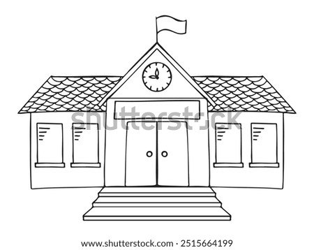 Icon of school building, official building, central station, city hall, court, seat of government in line style. Hand drawn doodles on transparent background. Outline sketch drawing