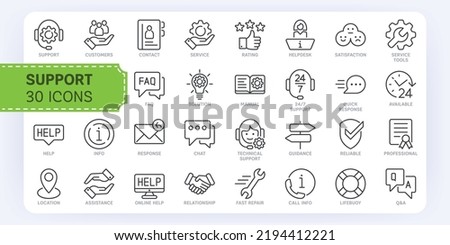 30 Professional Customer Service and Support Outline Icons. Set of thin line icons of support services. Easy to edit and customize.