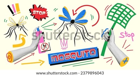 Collage with anti-mosquito elements. Vector illustration in retro collage style with halftone effect and doodle elements.