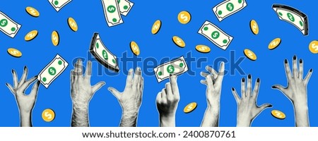 Retro collage with hands in halftone style. Hands catch money falling from the sky, coins, bills. Saving, saving, collecting money. Banner on financial topics.