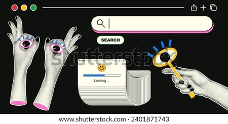 Search bar in retro collage style. Hand with halftone effect. Vector retro modern illustration with dots in pop art style.
