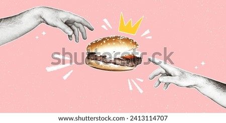 Male hands reach for a burger with a crown. Modern pop art illustration of fast food with halftone effect in retro collage style.