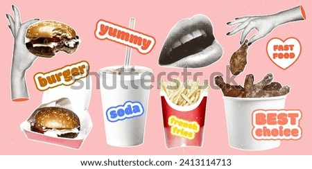 Set of fast food stickers with a halftone effect in modern retro collage style. Burger in hand, french fries, soda, fried chicken legs in a bucket and other fast food elements in retro collage style.