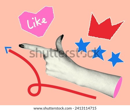 Female hand with halftone effect in retro collage style. Arrow, paper crown, heart, star with torn edges. The hand points with a finger in the direction. To promote social networks, marketing.