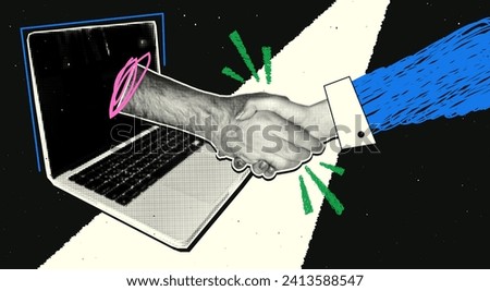 Handshake in retro collage style. Hands with halftone effect make a deal, a hand comes out of a laptop, online deals. Vector modern illustration.