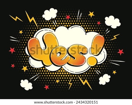 Comic speech bubble in the shape of a cloud with halftone effect. Multi-colored illustration with the word 