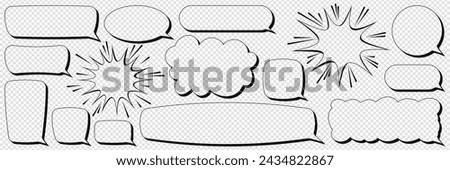 Set of comic speech bubbles in the shape of a cloud, rectangle, blot with empty space for text. Vector illustration in retro linear style without fill on a transparent background as a PNG.