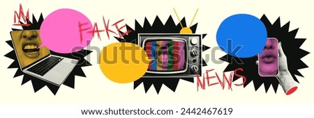 Trendy Retro collage Fake news. Screaming face in laptop, TV, smartphone with halftone effect and speech bubble with place for text. Vector Elements for banners, posters, social networks.