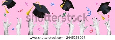 Horizontal banner on the graduation theme in retro collage style. Hands with a halftone effect throw graduation hats into the air. Happy graduation day.