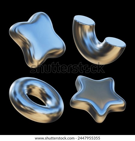 3D chrome geometric shapes. Futuristic chrome liquid shapes of semicircular pipe, star, donut, quadrangle with gradient reflection. 3D vector art in Y2K style.