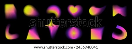 Abstract color gradient shapes, holographic iridescent square, triangle, heart, circle with liquid bright gradient blur, with soft neon light, vector shapes.