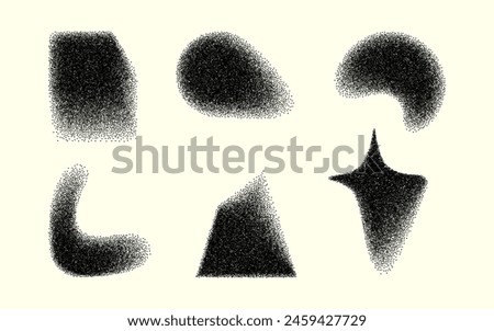 Abstract blurry shapes in black with soft edges with noise effect. Various silhouette shapes with dot blur effect, modern set of vector graphic elements.