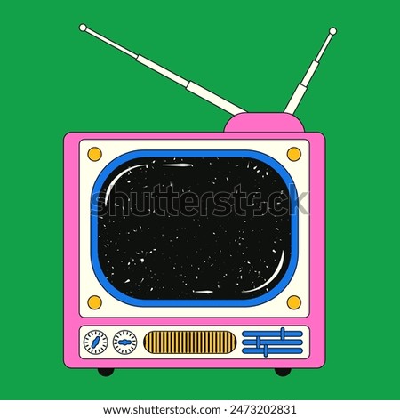 Old retro TV with noise. A bright vector illustration of a TV with the effect of scuffs and small noise on the screen in the style of the 90s-2000s.