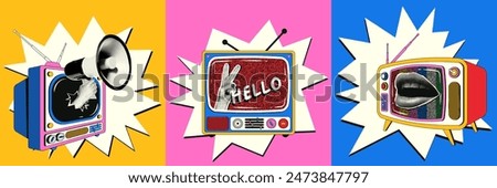 Set of welcome square posters in retro collage style. Vintage televisions in a composition with a hand with a loudspeaker, female lips with a halftone effect.