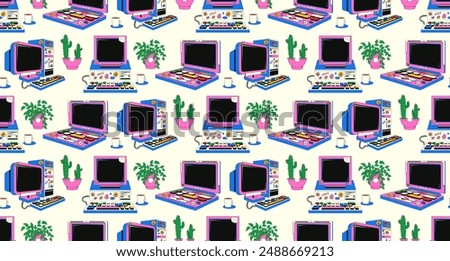 Seamless pattern with a desktop computer from the 80s and 90s. Vector background in y2k style with vintage computer and houseplants.