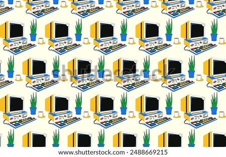 Seamless pattern with a desktop computer from the 80s and 90s. Vector background in y2k style with vintage computer and houseplants.