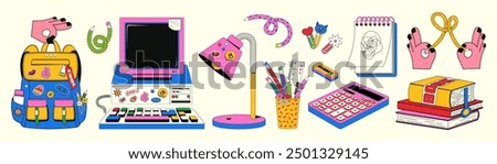 Trendy, bright set of back to school themed elements in a retro linear style with y2k aesthetics. Vector illustration of school backpack, desktop computer, books, notepad and various office supplies.