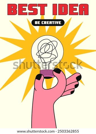 Vertical trendy postcard with a back to school theme in retro style y2k. Vector illustration of a light bulb with doodles in creative thick hands. Creative idea concept.