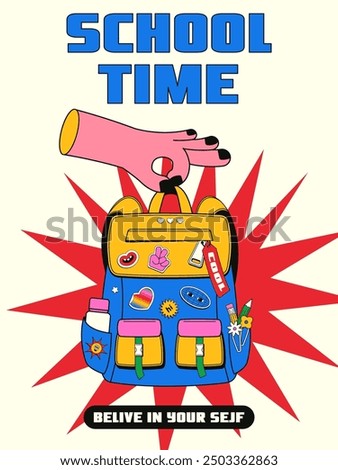 Vertical card with a back to school theme in retro style y2k. Vector illustration of a fat hand holding a teenage school backpack with various stickers and toys.