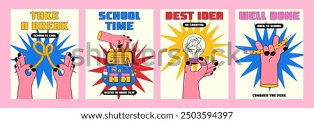 Set of trendy vertical cards with a back to school theme in retro style y2k. Vector illustration of creative fat hands with a flexible pencil, light bulb, school backpack covered with stickers and toy