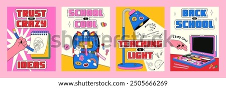 Set of trendy vertical cards with a back to school theme in retro style y2k. Vector illustration of a teenage school backpack, desk lamp, vintage laptop with various stickers.