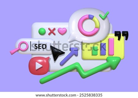 3D browser window with inflatable speech bubbles. Search bar, growth, promotion and other digital marketing content.