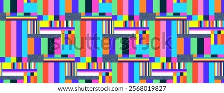 Futuristic TV glitch. Pixel distorted signal on a TV screen in neon colors. Seamless background of technical lines, interference, noise.