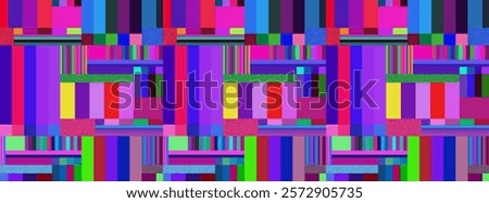 Futuristic TV glitch. Pixel distorted signal on a TV screen in neon colors. Seamless background of technical lines, interference, noise.