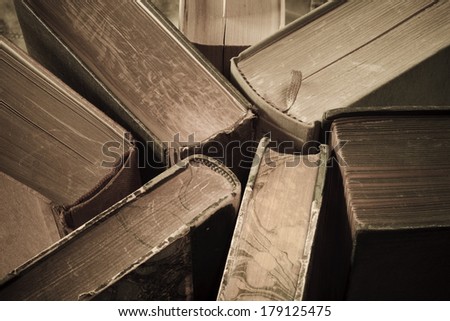 vintage books close up, education, knowledge or history concept