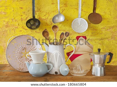 various vintage kitchen utensils