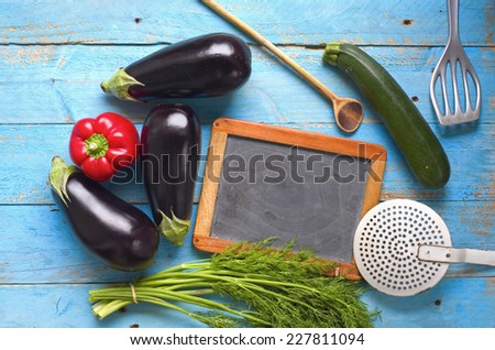 Food ingredients, kitchen utensils,blackboard for recipes, free copy space