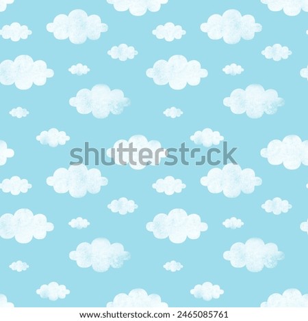 Cute cartoon white clouds on light blue sky. Doodle watercolor seamless pattern vector. Minimal wallpaper. Design for fabric, textile, cloth, shirt, skirt, dress, bedsheet, pajama, clothing, sticker.