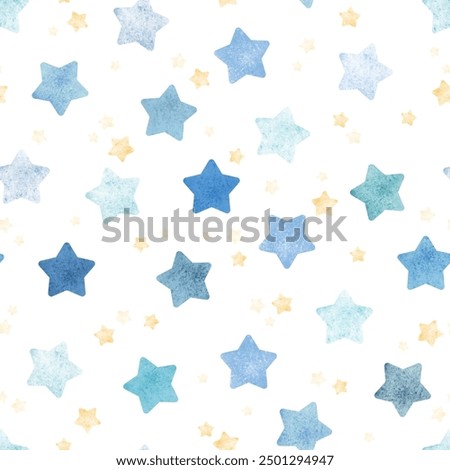 watercolor star seamless pattern vector. Cute blue and yellow stars. Funny day and happy sky. Beautiful design for baby dress, child skirt, kid cloth, wrapping, paper, card, print, cover, confetti.