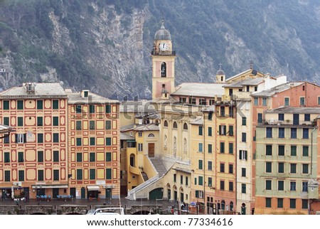 homes and church in Camogli, famous small town in Liguria, Italy
