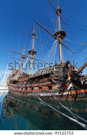 old Spanish galleon moored in Genova harbor, Italy