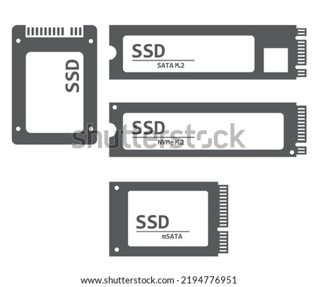 Computer or laptop SSD drive sata M.2, NVMe M.2, mSATA. Vector illustration on isolated background.