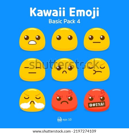 Cute and kawaii flat emoji or emoticon vector pack - emojis yellow emoticon grin, mad, angry, rage, triumph, and neutral collection isolated in blue background for graphic design or chat elements.