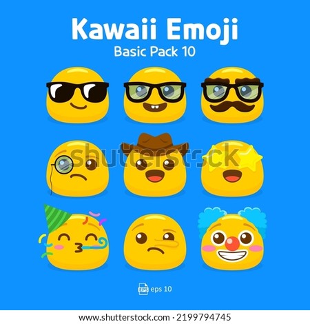 Cute and kawaii flat emoji or emoticon vector pack - emojis yellow emoticon cool, nerd, clown, birthday, cowboy, and glasses collection isolated in blue background for graphic design or chat elements.