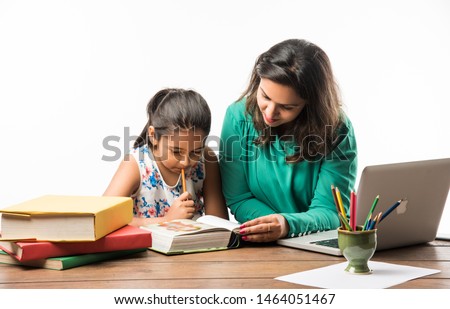 Similar – Image, Stock Photo A young mother teaches her little daughter to draw with colored pencils. Time together, creativity, education. Side view