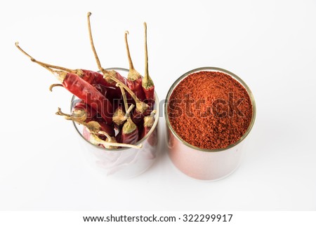 closeup of red chilly powder in a transparent glass with many dry and red chillies vertically filled in a transparent glass behing the powder, on white background, horizontal and top view