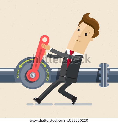 Businessman close red crane and shut off oil and gas industry oil pipe line . Vector illustration flat