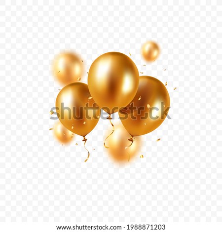 Realistic floating vector balloons isolated on transparent background. Design element gold colored balloons and glittering confetti for greeting card or party invitation.