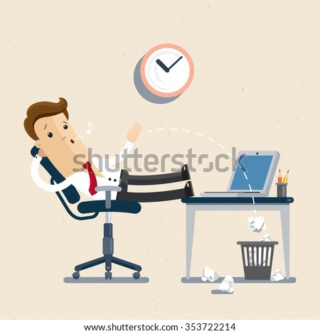 Manager. employee, clerk, office worker. A manager sits in the chair, his feet on the table, whistling and idling. Flat, illustration, Vector EPS10.