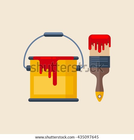 Can with red paint and paintbrush isolated on light background. Vector, flat, illustration