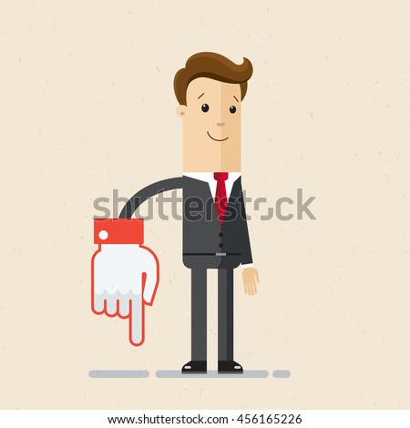 Man in suit shows a direction, way. Sign of  go down, here,  this way, red color. Vector, flat, illustration