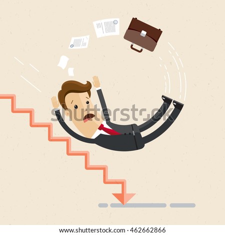 Man in suit, businessman or manager fall down of career ladder, or business. Vector, illustration, flat