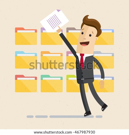 Man in suit, manager or employee, is folding and sorting documents or letters into folders. Vector, illustration, flat
